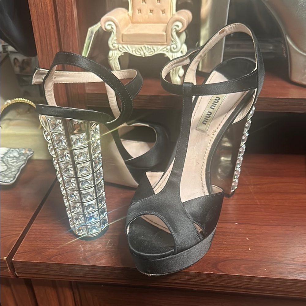 Miu Miu Black Satin Platform Heels with Crystal Accents